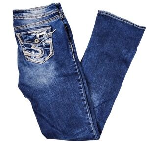 Silver Jeans Co Elyse Slim Boot Women W27 L33 Blue Distressed Mid Rise Denim